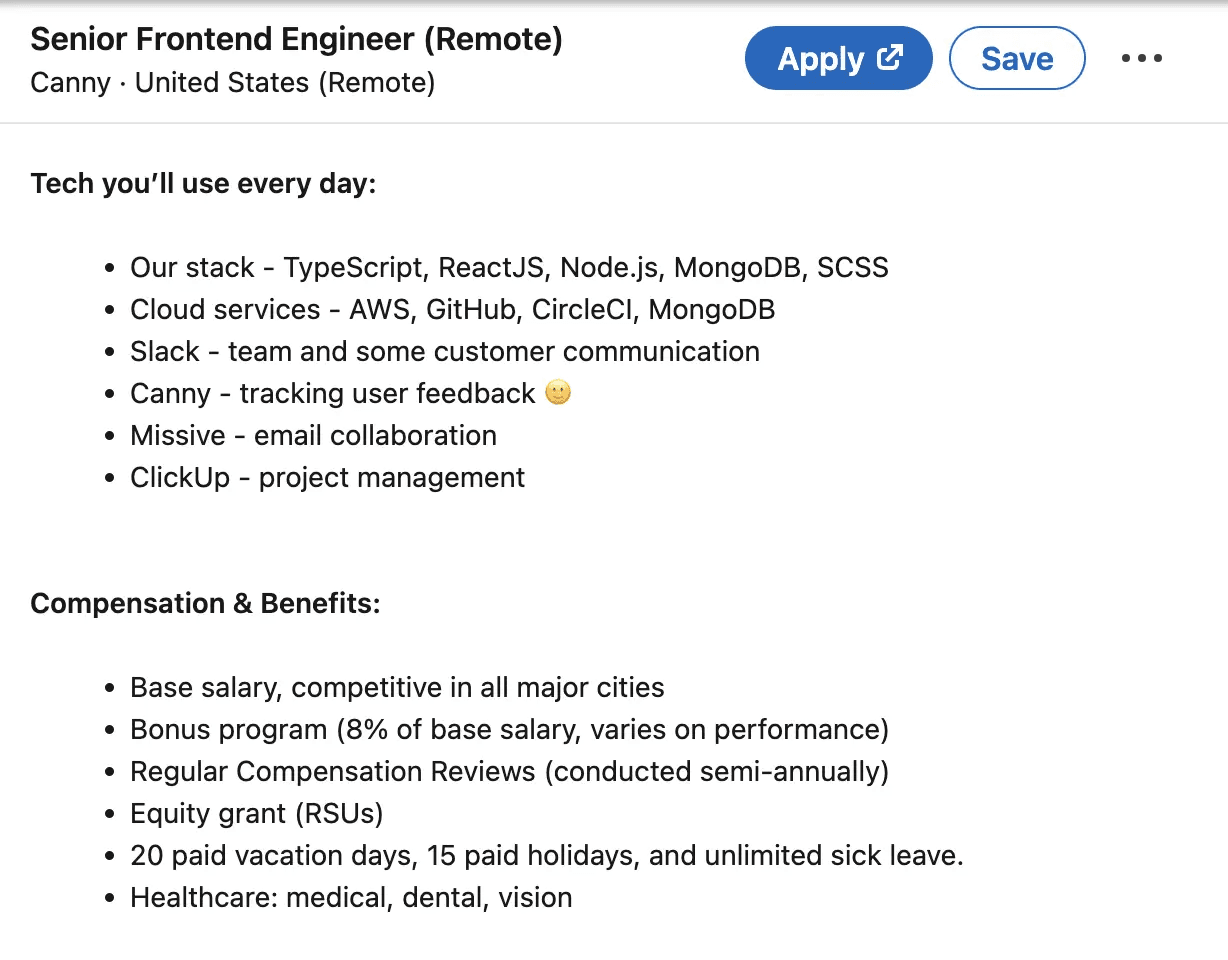 LinkedIn job listing for Canny Senior Frontend Developer position