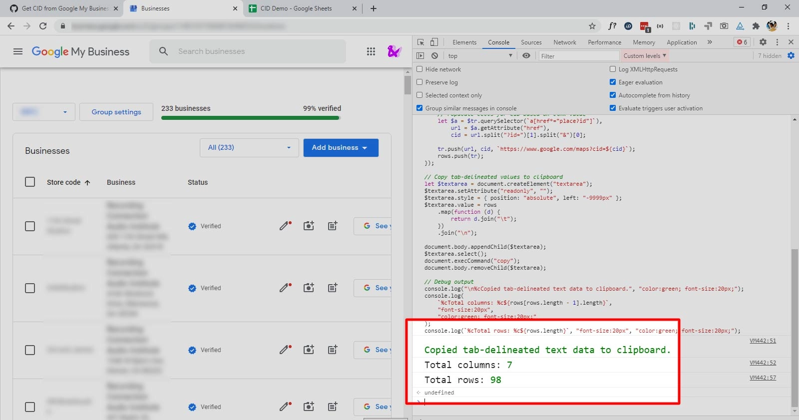 Screenshot of JavaScript code executed in the console to copy Google CIDs.
